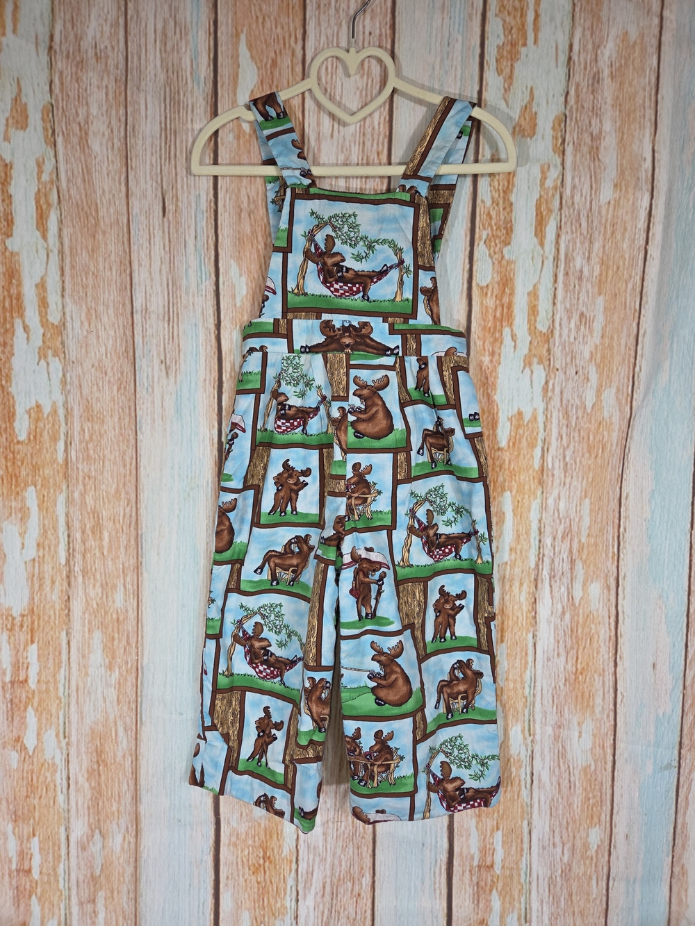 Handmade Kids Blue Green Moose Print Overalls